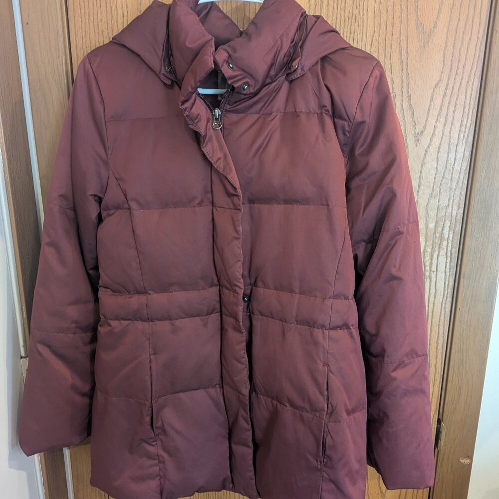 J.‎ Jill Down Puffer Coat Burgundy Maroon Zip Snap Removable Hood-XS